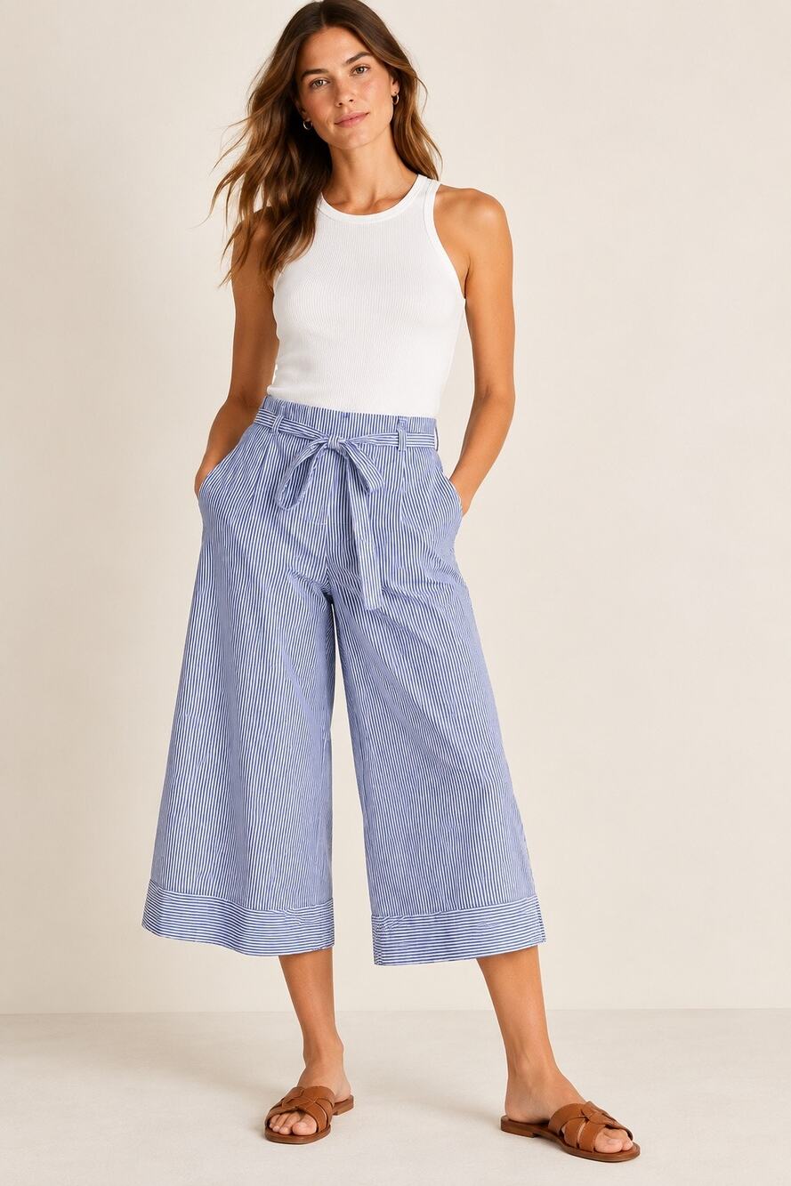 J.Crew Wide Leg Cuffed Crop Pants Shirting Stripe Blue White NWT Size 2